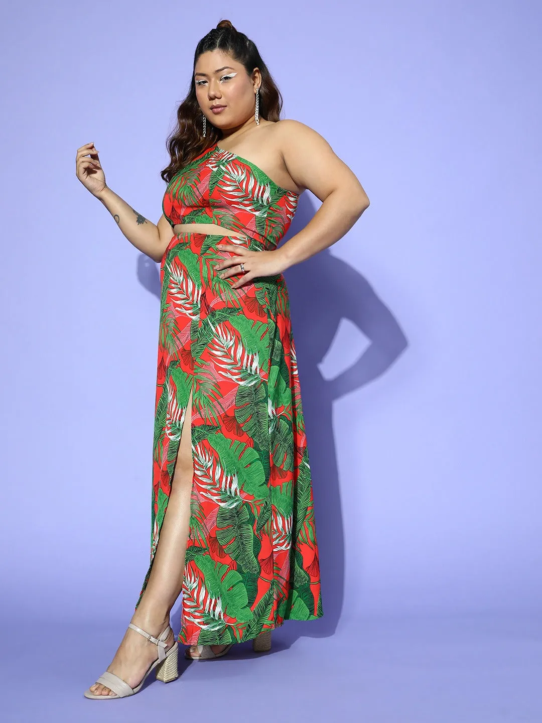 Berrylush Women Plus Size Red & Green Tropical Print One-Shoulder Neck Thigh-High Slit Crop Top & Maxi Skirt Set