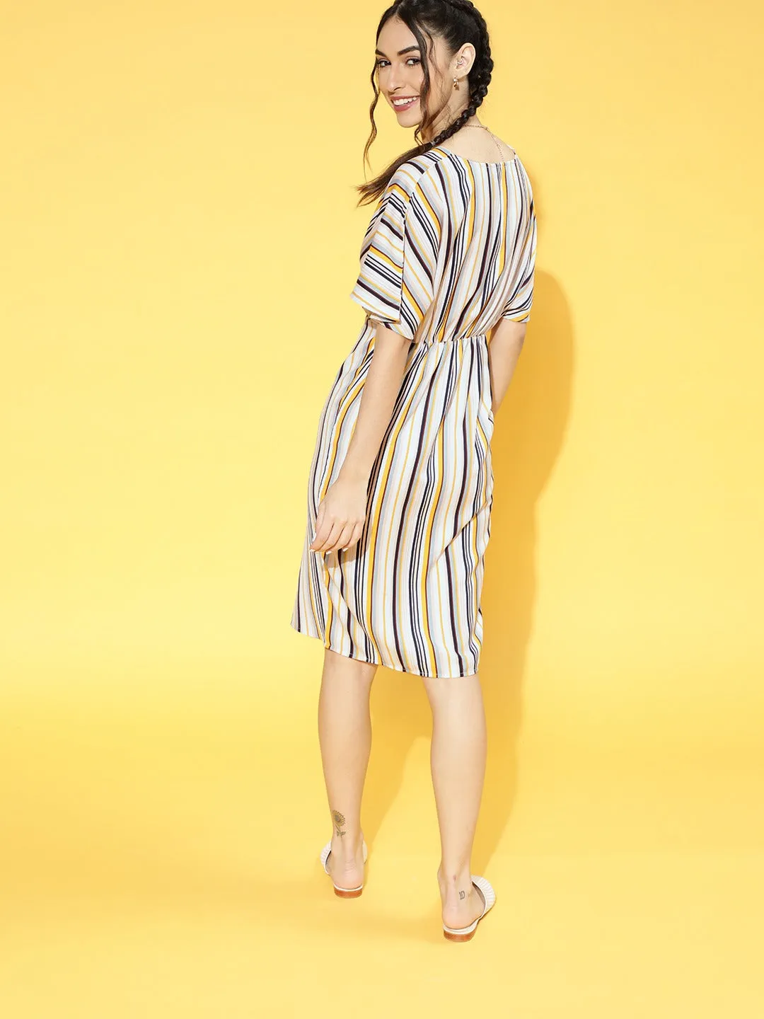 Berrylush Women Yellow & Off-White Stripe Printed V-Neck Front Slit Pleated A-Line Mini Dress