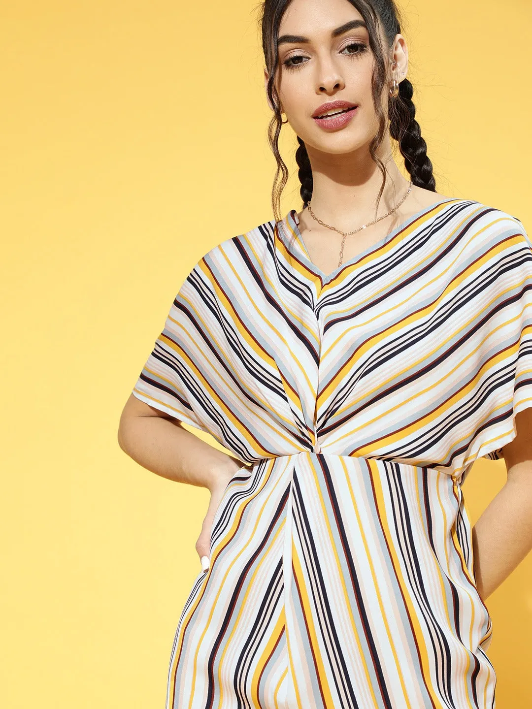 Berrylush Women Yellow & Off-White Stripe Printed V-Neck Front Slit Pleated A-Line Mini Dress