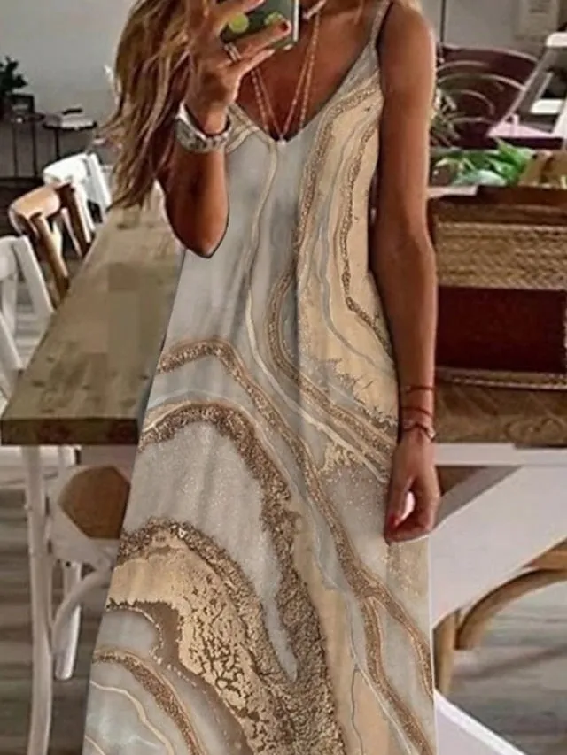 Casual Dress Long Dress Maxi Dress Khaki Sleeveless Print Print Spring Summer V Neck Casual Weekend  S M L XL XXL 3XL for Women