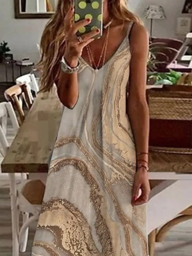 Casual Dress Long Dress Maxi Dress Khaki Sleeveless Print Print Spring Summer V Neck Casual Weekend  S M L XL XXL 3XL for Women