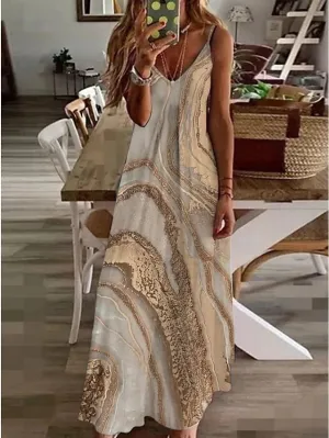 Casual Dress Long Dress Maxi Dress Khaki Sleeveless Print Print Spring Summer V Neck Casual Weekend  S M L XL XXL 3XL for Women