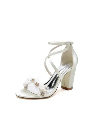 Chic Open Toe Rhinestone Flower Ankle Strap Chunky Heels