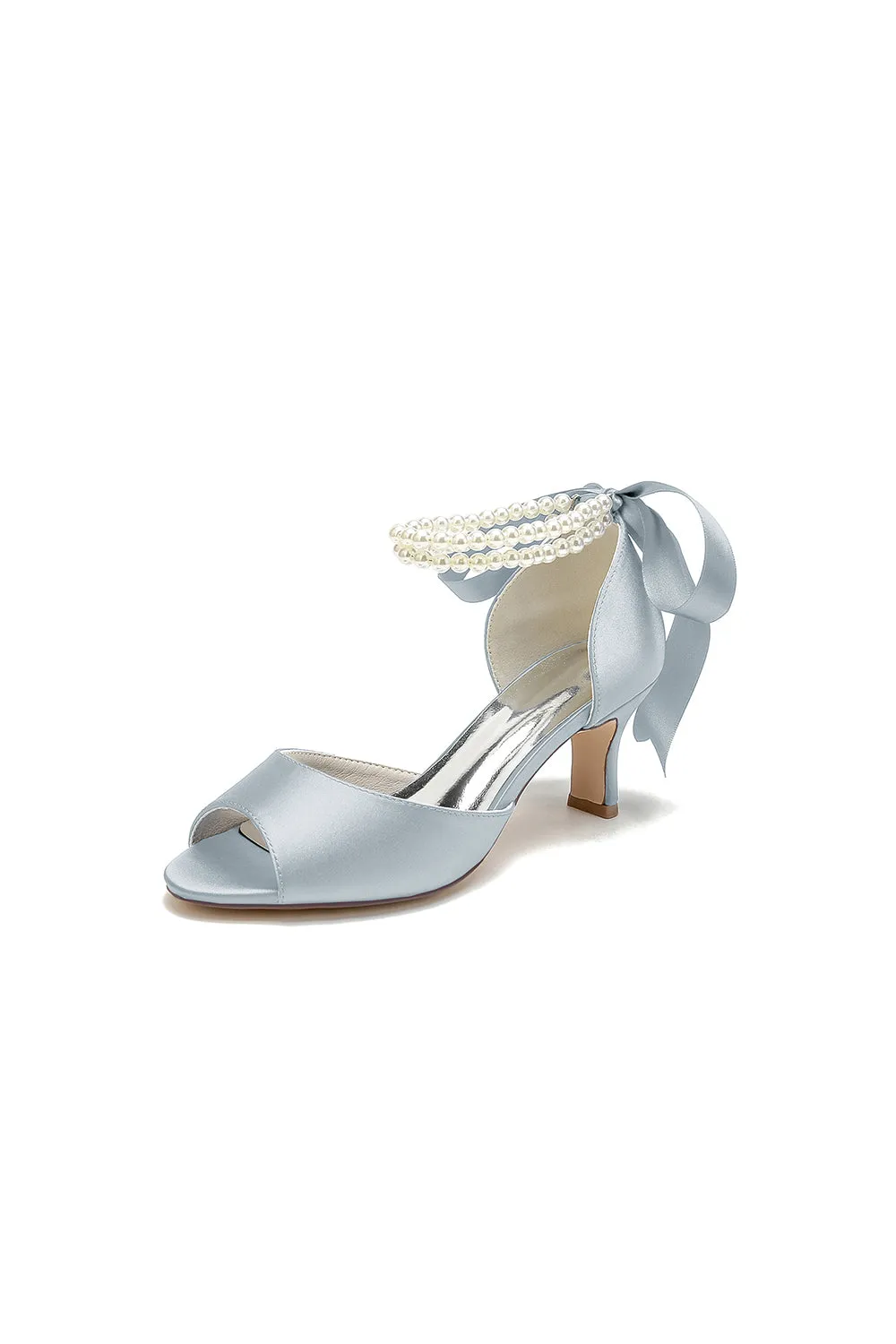 Chic White Satin Heels Featuring a Pearl-Embellished Bow