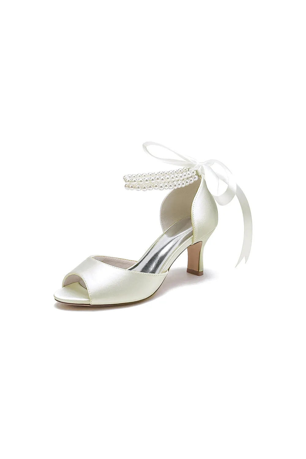 Chic White Satin Heels Featuring a Pearl-Embellished Bow