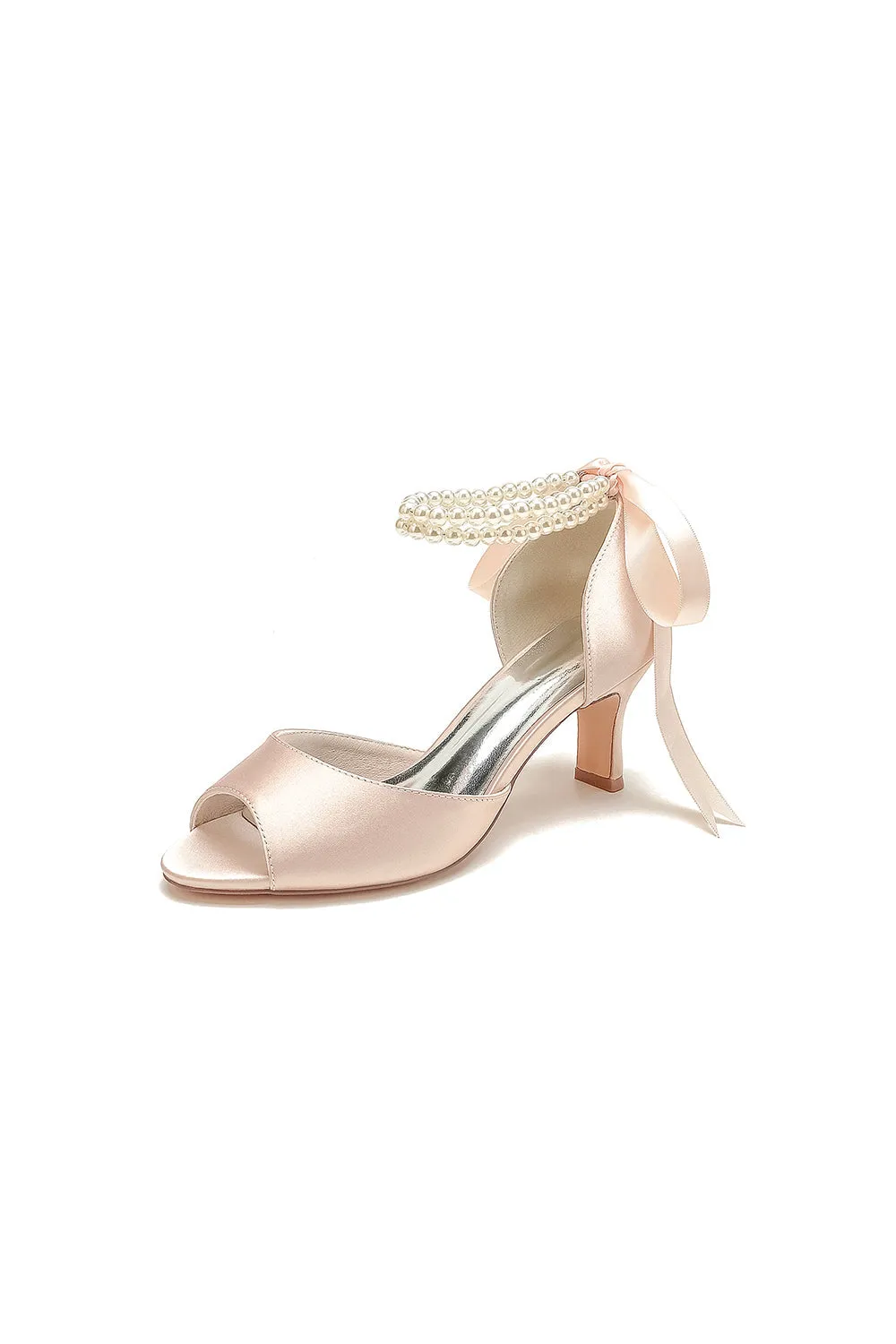 Chic White Satin Heels Featuring a Pearl-Embellished Bow