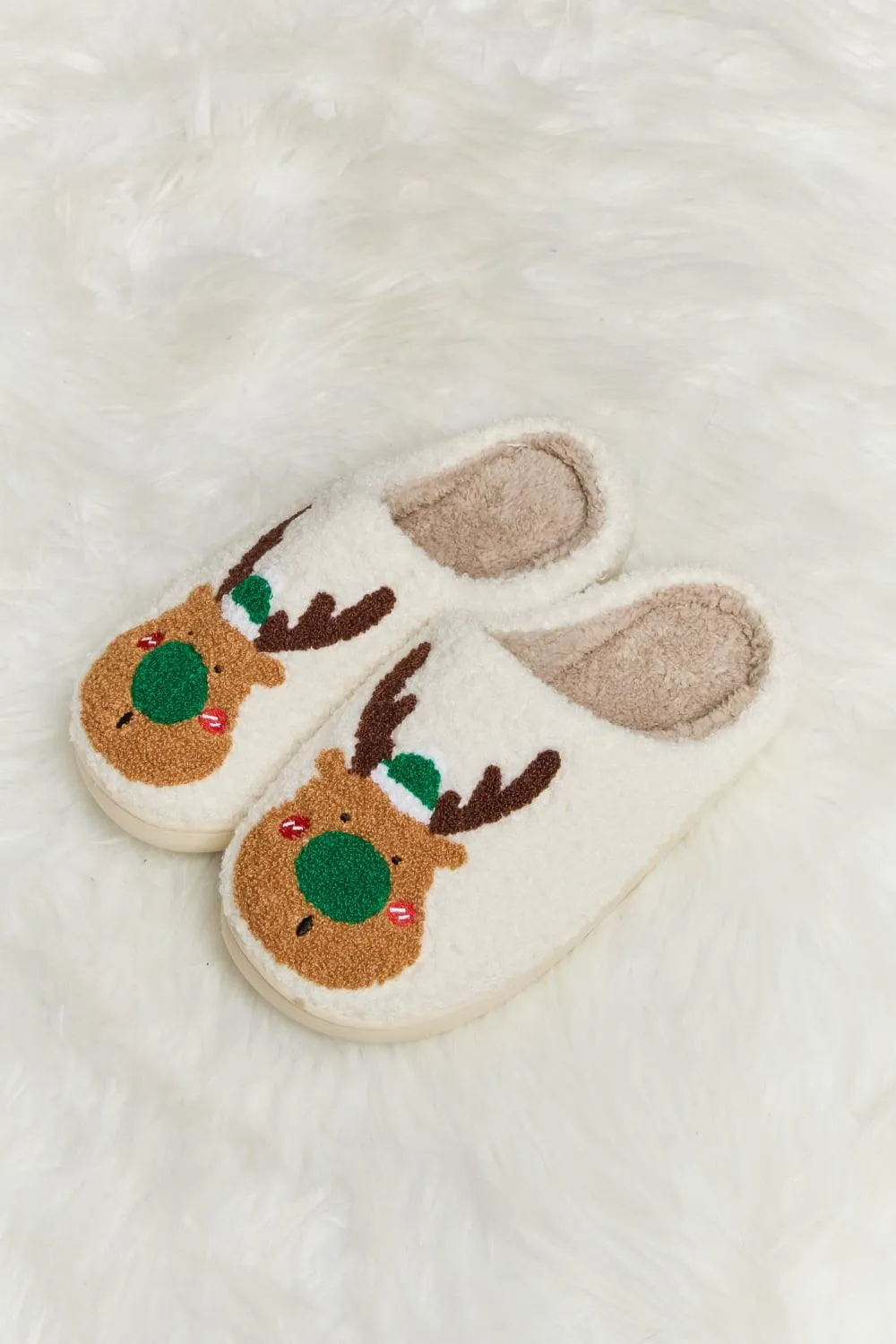 Christmas Rudolph Print Plush Slide Slippers