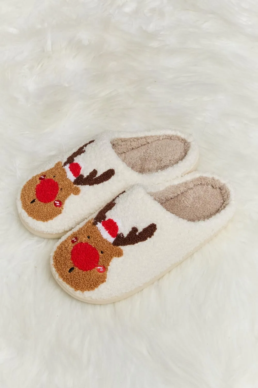 Christmas Rudolph Print Plush Slide Slippers