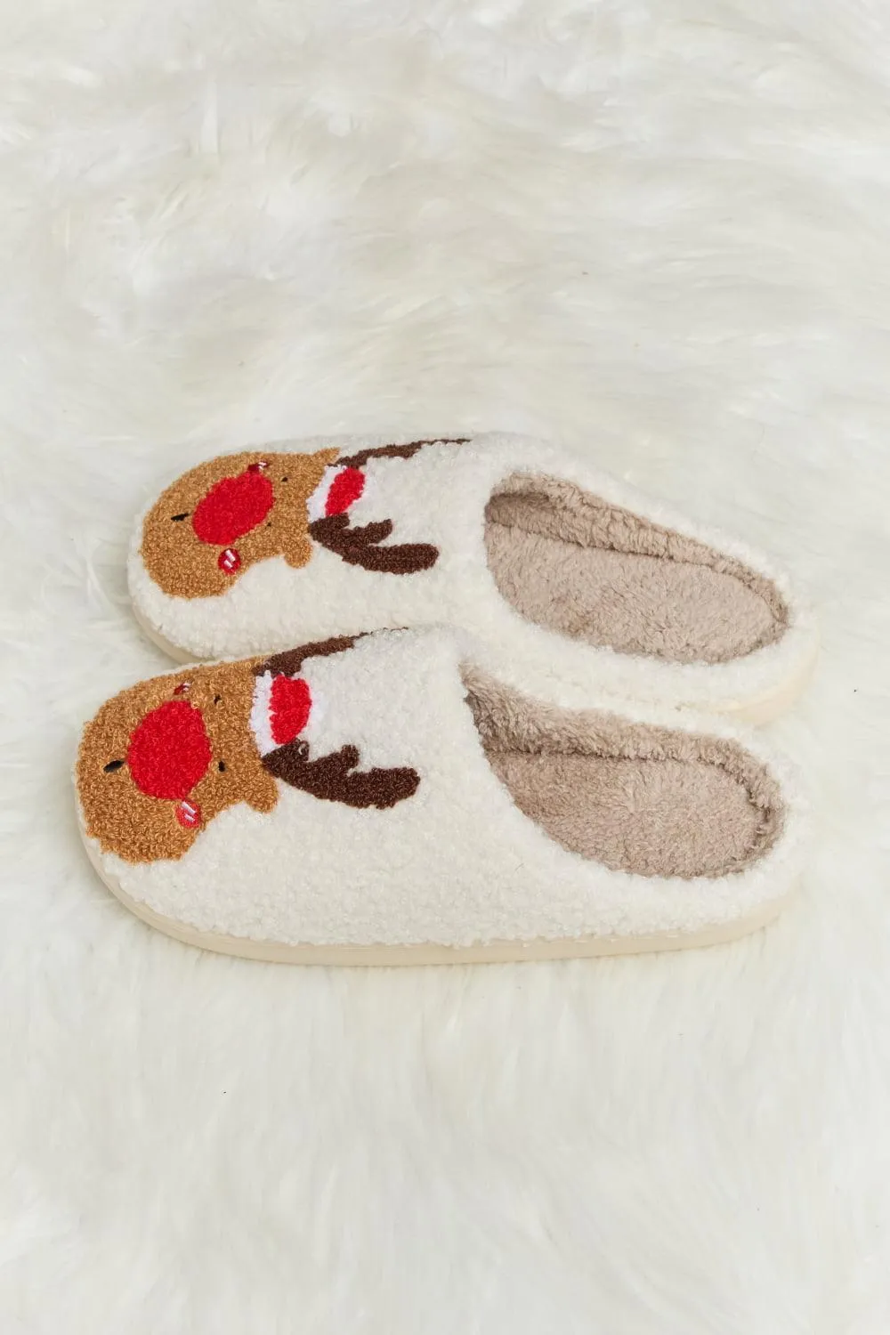 Christmas Rudolph Print Plush Slide Slippers