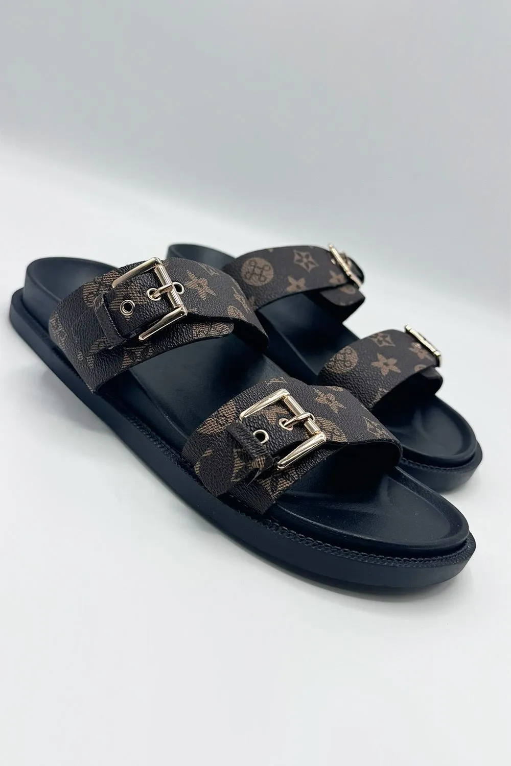 Elise 2 Band Gold Buckle Flat Slider in Chocolate