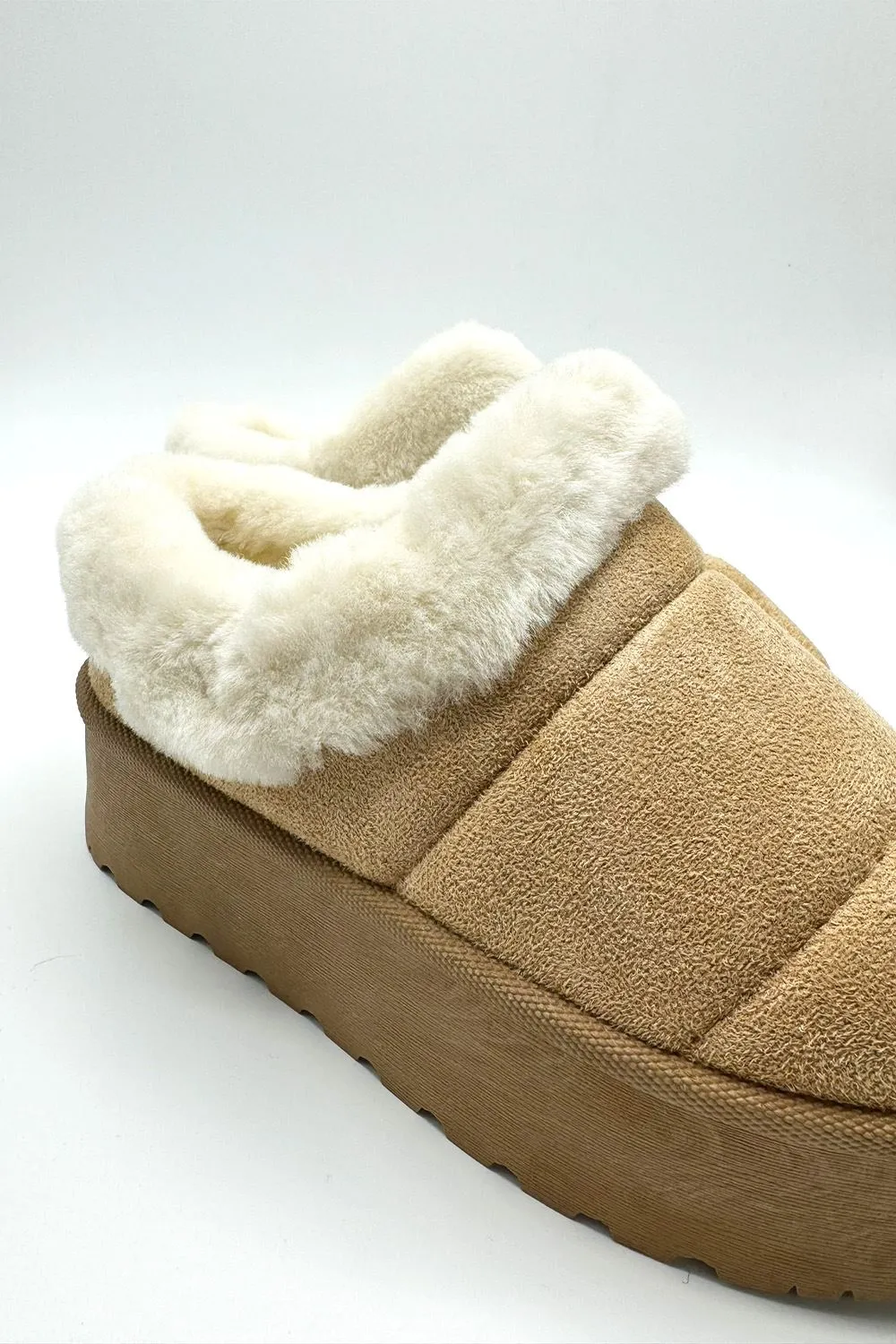 Felpa Faux Fur Quilted Flatform Slippers in Sand