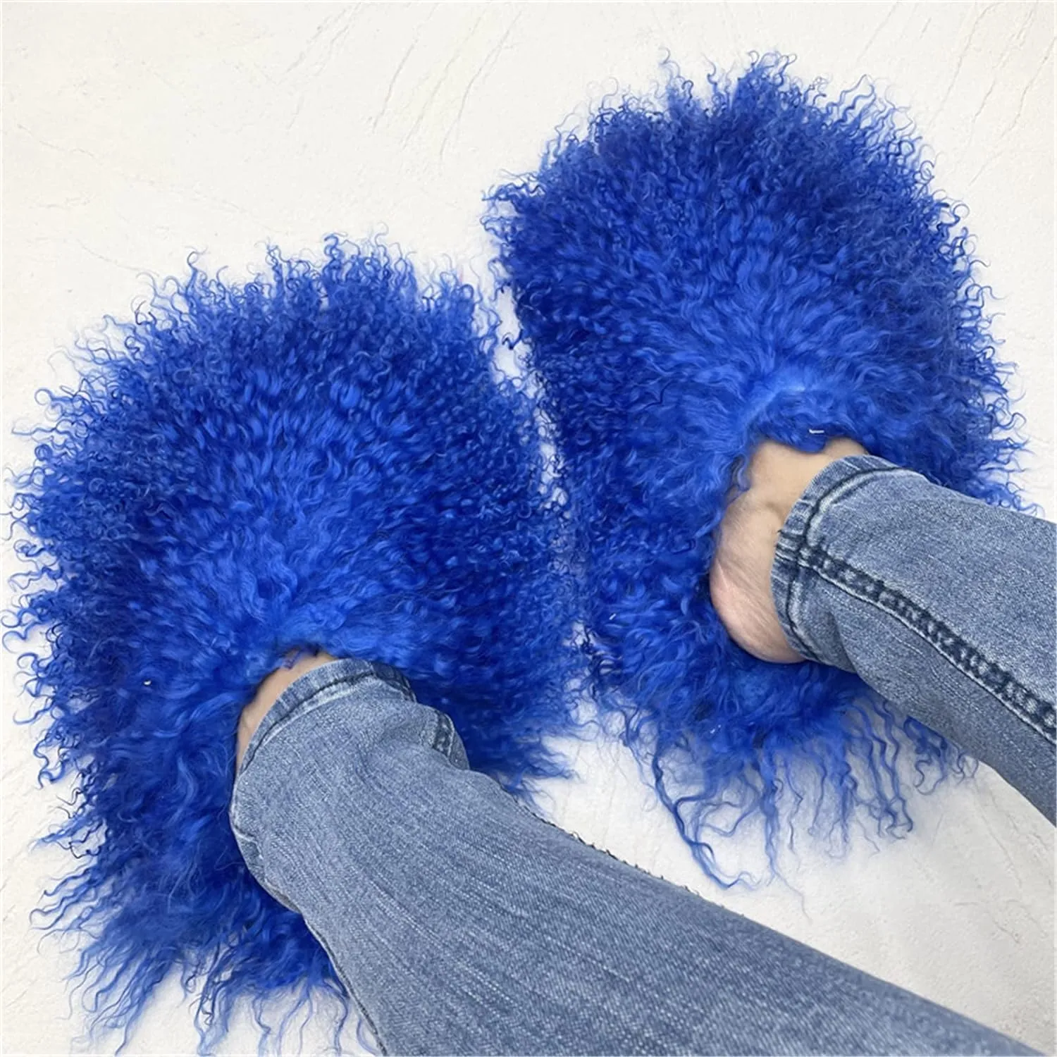 Fluffy Real Mongolian Sheep Fur Slippers Closed Toe For Women Furry Big Outdoor Flat Luxury Slides