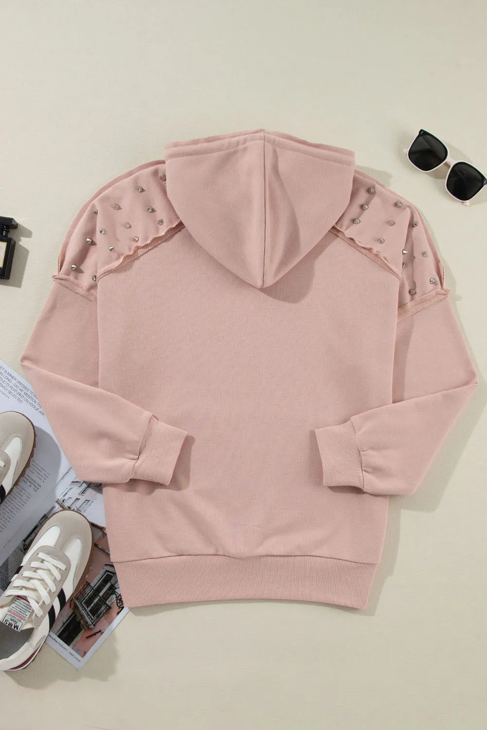 Fushia Solid Color Rivet Stud Raglan Sleeve Hoodie with Pocket