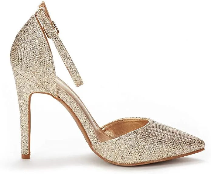 Gold Glitter Ankle Strap Pointed Toe Stiletto Heels