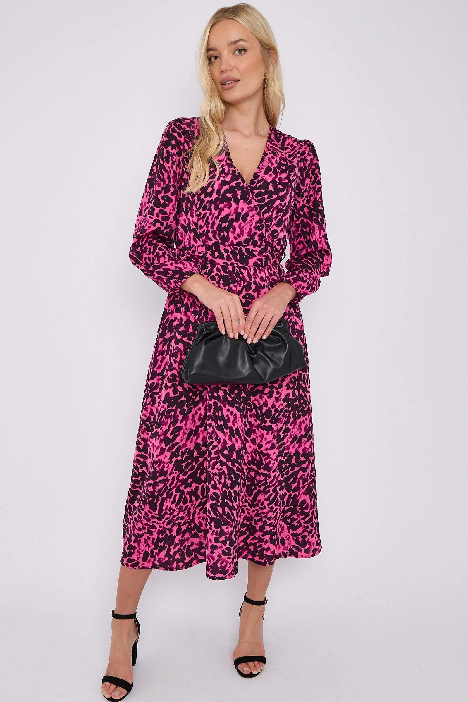 LOVE SUNSHINE Fuchsia Leopard Printed V Neck Midi Dress