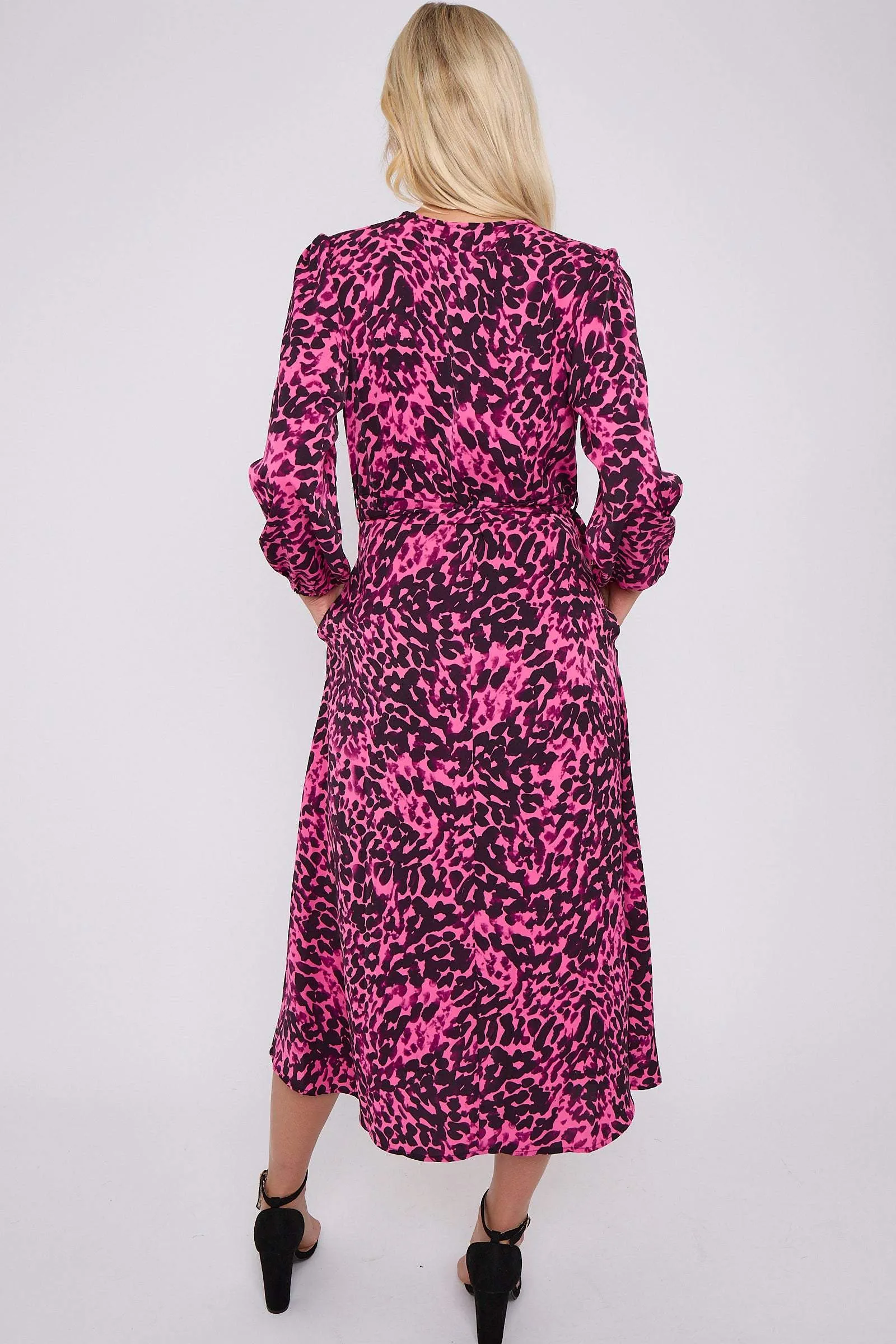 LOVE SUNSHINE Fuchsia Leopard Printed V Neck Midi Dress