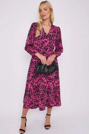 LOVE SUNSHINE Fuchsia Leopard Printed V Neck Midi Dress