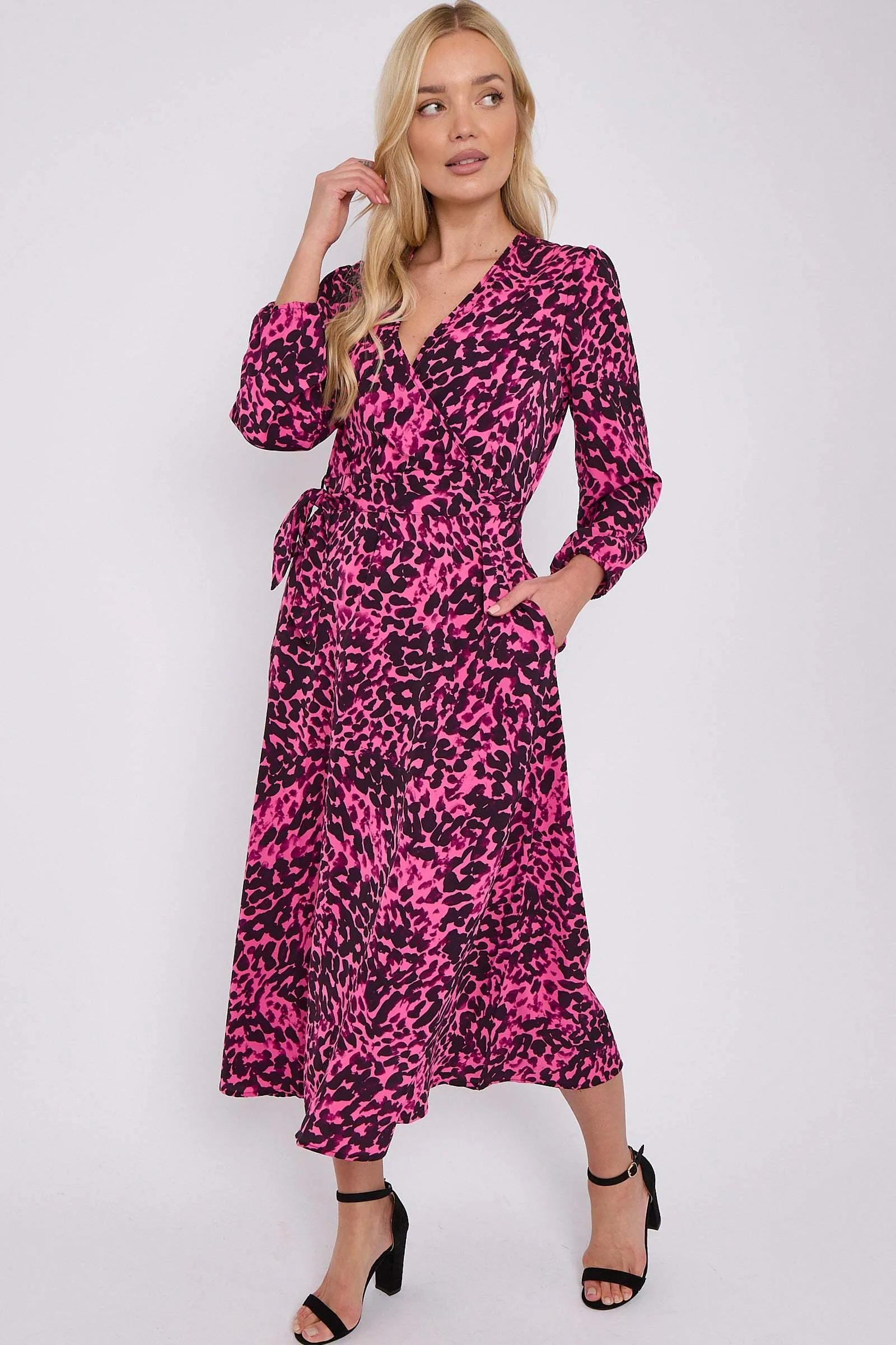 LOVE SUNSHINE Fuchsia Leopard Printed V Neck Midi Dress