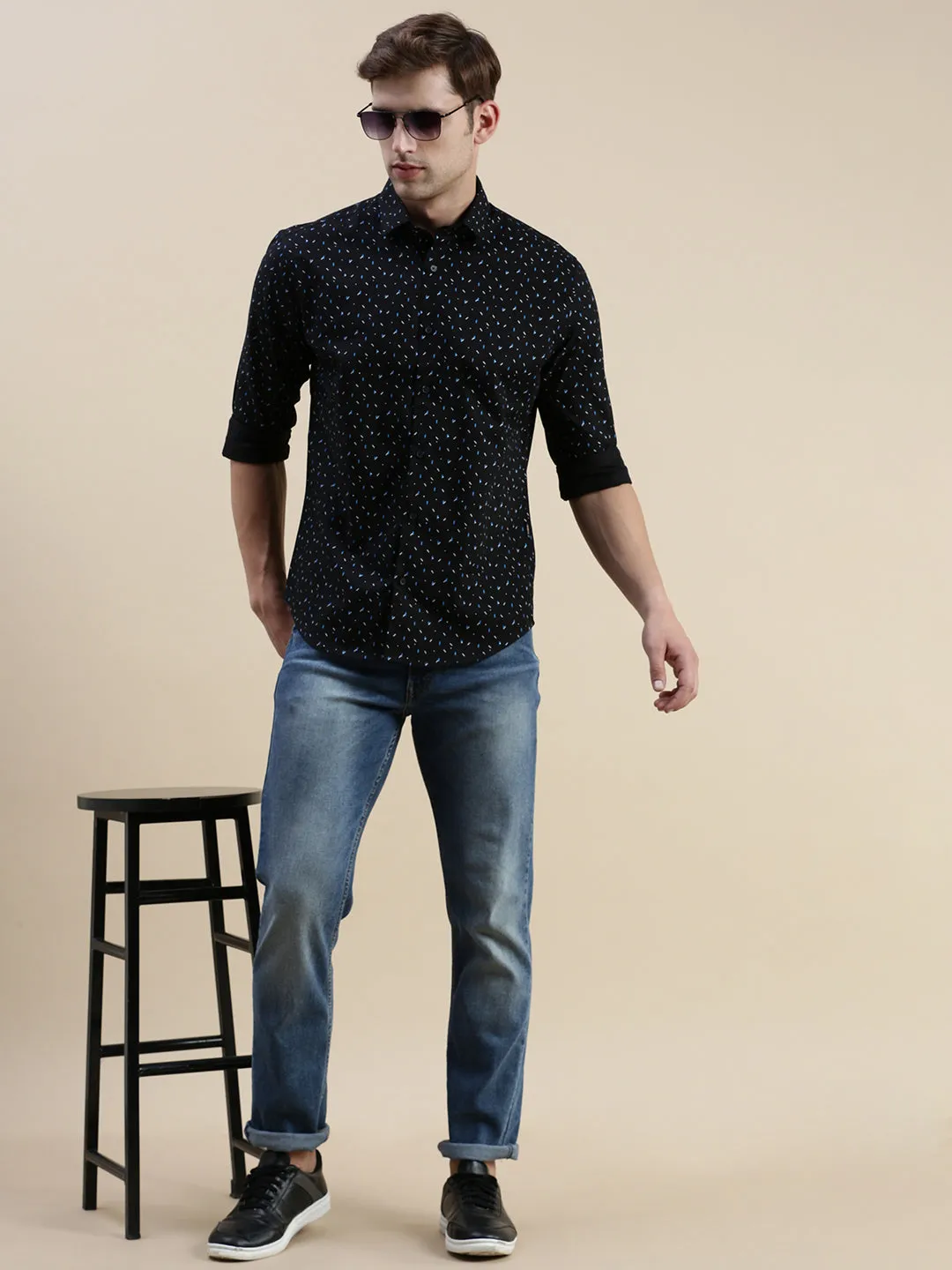 Men Black Geometrical Casual Shirt