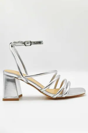 Milena Square Toe Strappy Block Heel Sandals in Silver