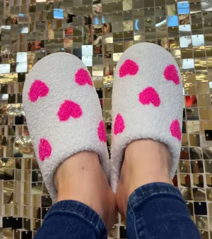 Pink Heart Valentines Fuzzy Slippers (Ships in 2-3 Weeks)