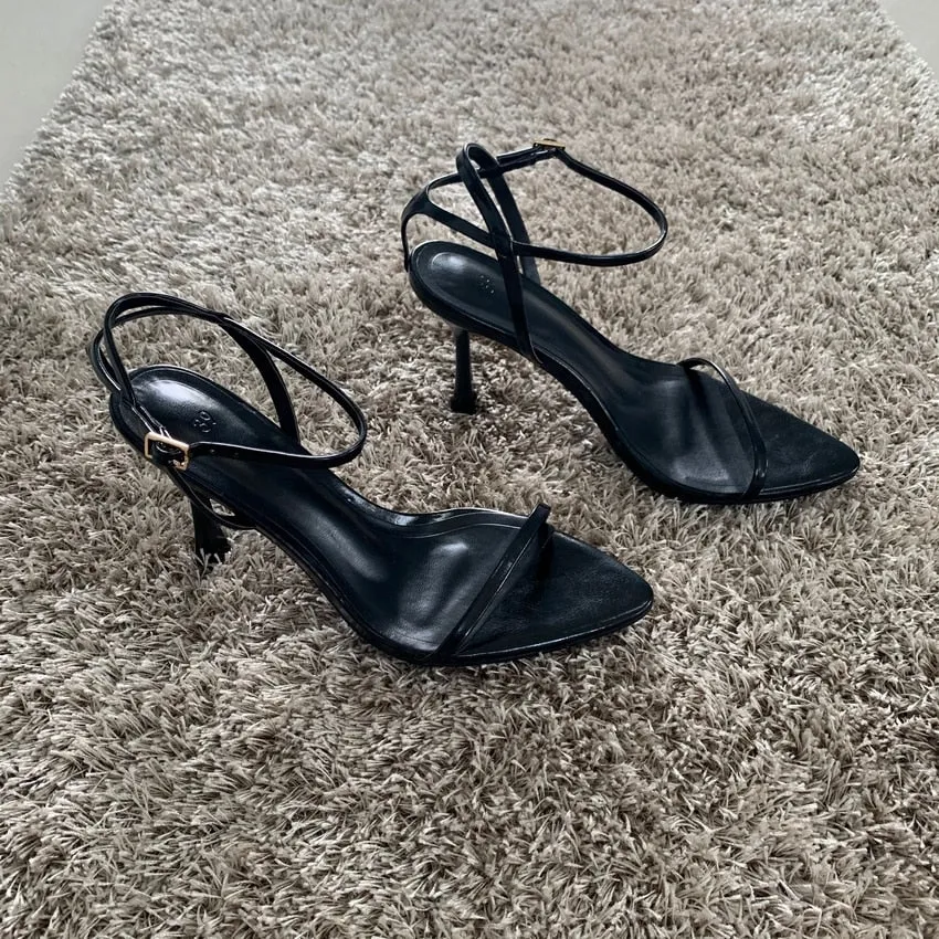 Plain Black Ankle Strap Heeled Sandals