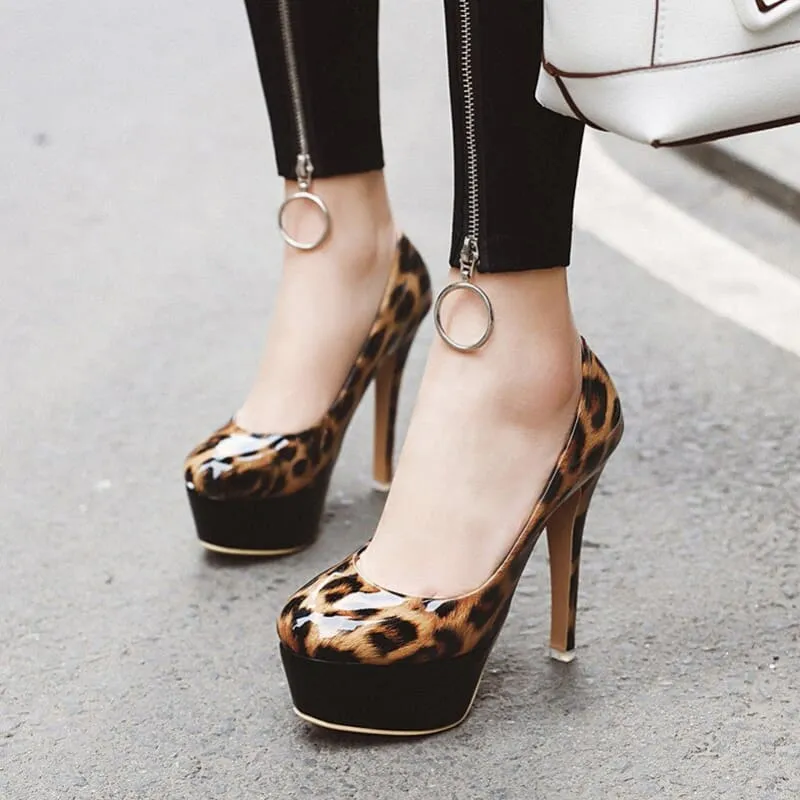 Pleasures and Sins Leopard Print Stiletto Heel Platform Pumps