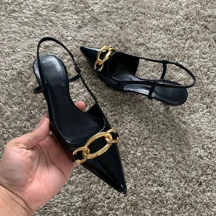 Pointed Toe Slingback with Kitten Heel and Gold Buckle