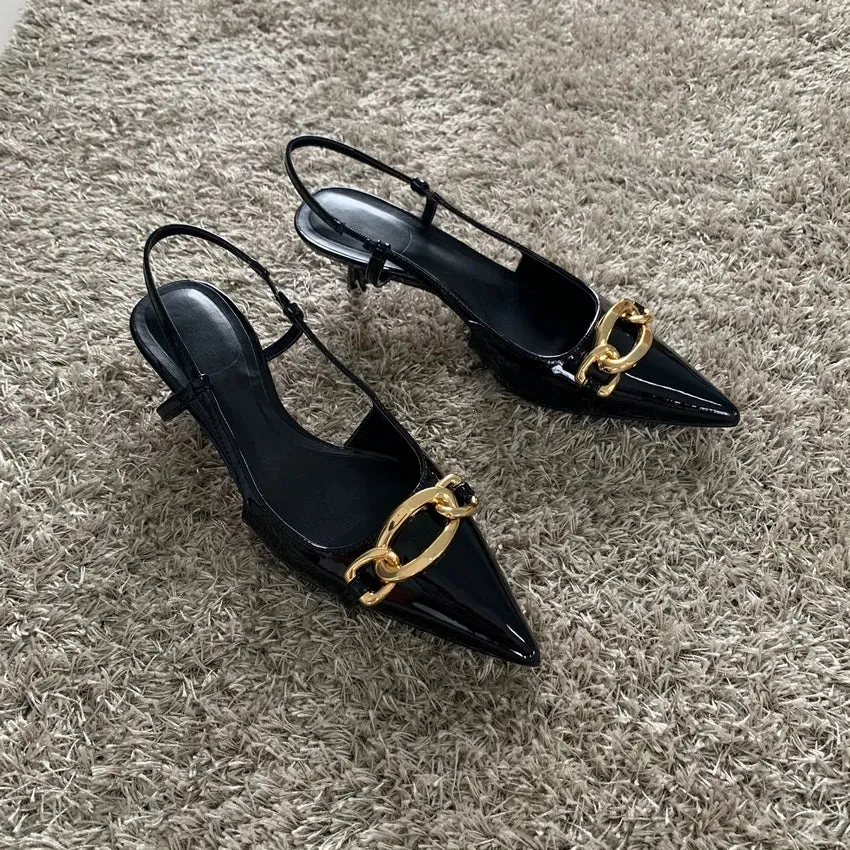 Pointed Toe Slingback with Kitten Heel and Gold Buckle