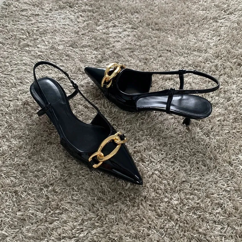 Pointed Toe Slingback with Kitten Heel and Gold Buckle