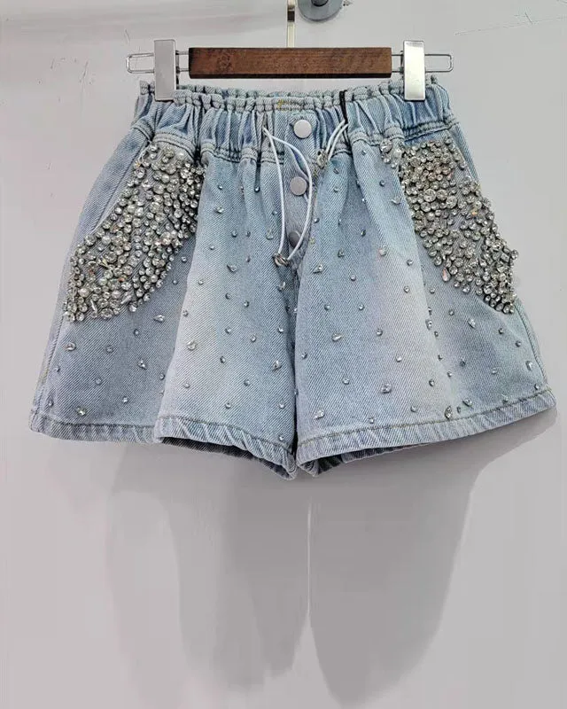 Rhinestone Loose Cropped Denim Shorts