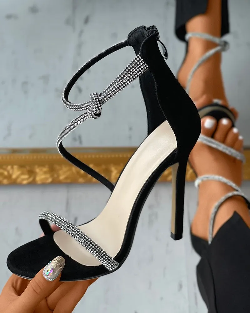 Rhinestone Twisted Strap Suede Stiletto Heels