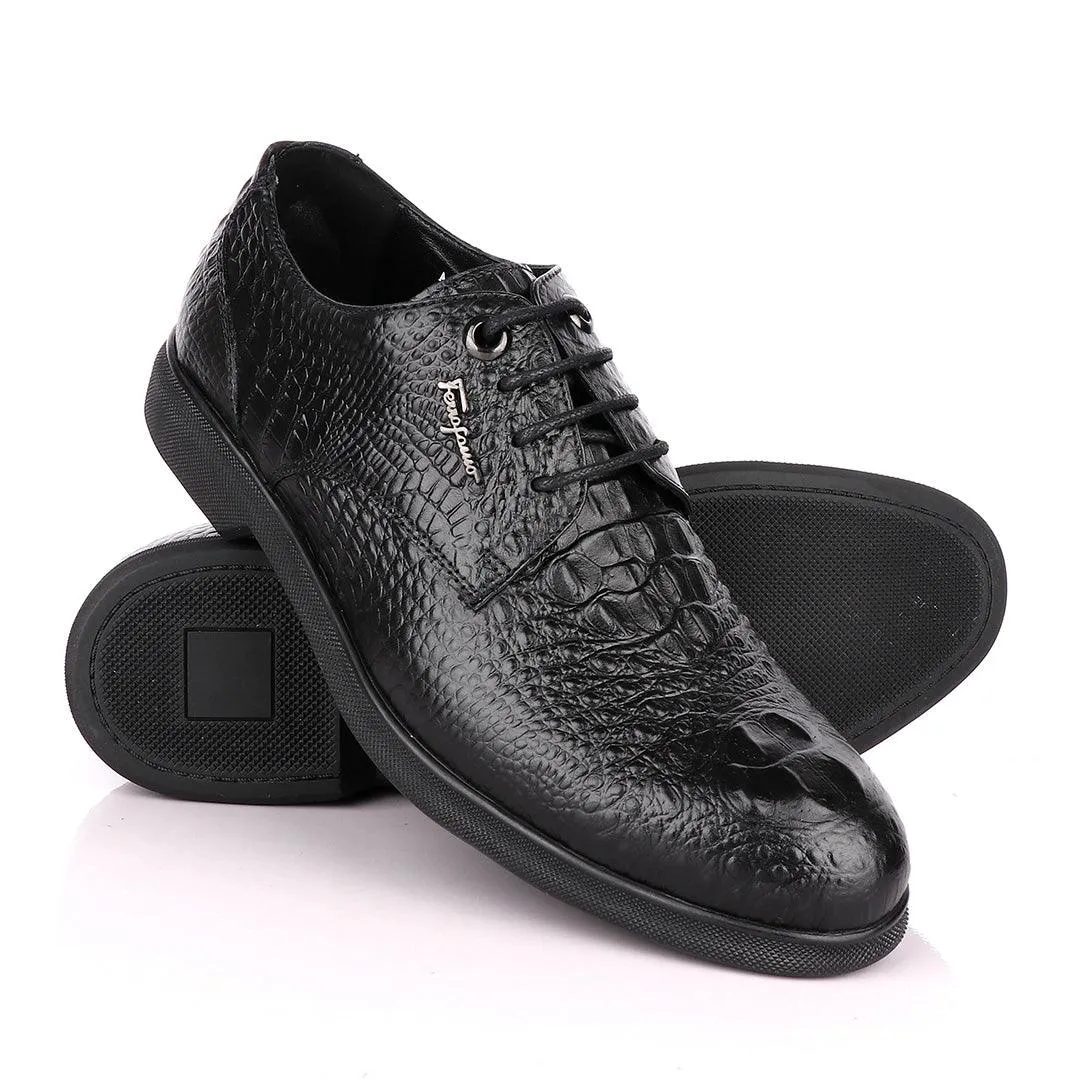 Salvatore Ferragamo Black Crocodile Leather Derby Laced Shoe