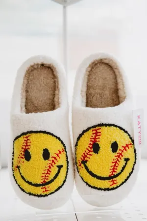 Softball Happy Face Fuzzy Slippers