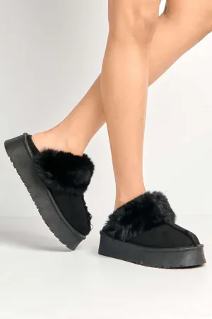 Ursella Faux Fur Lining Flatform Slippers in Black