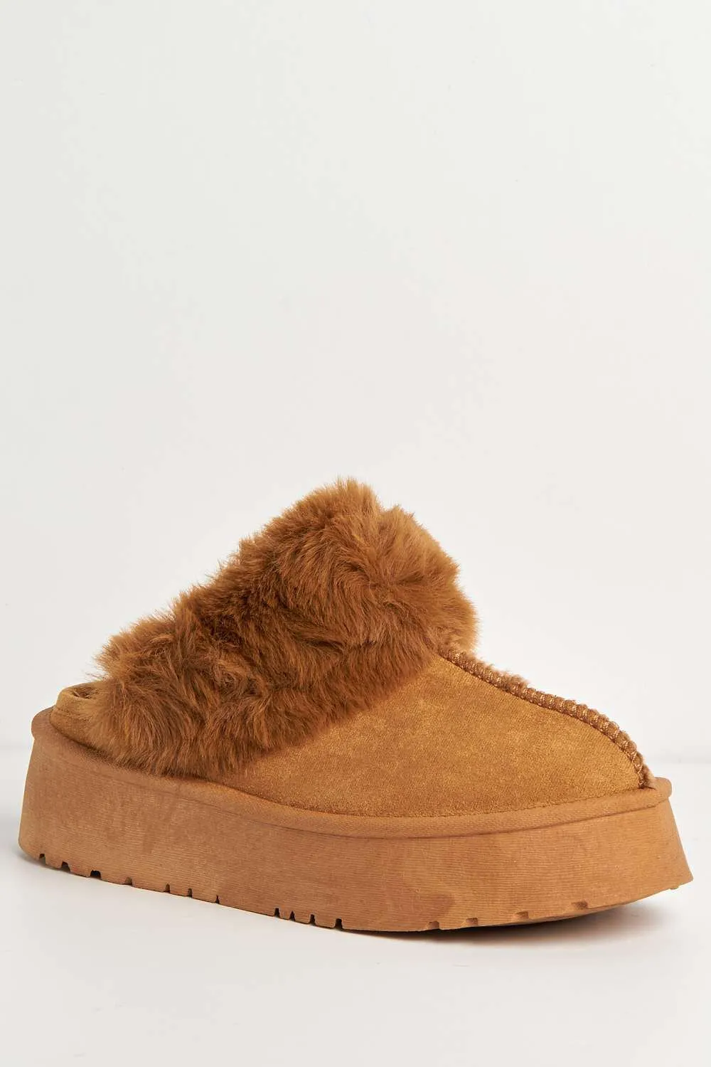 Ursella Faux Fur Lining Flatform Slippers in Camel