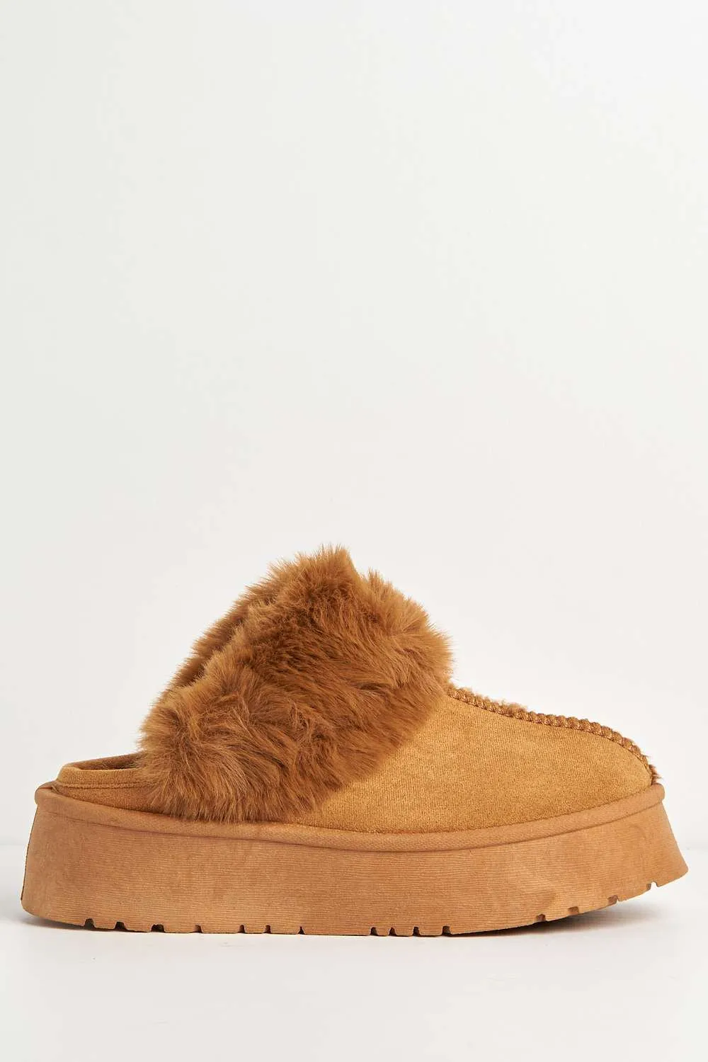 Ursella Faux Fur Lining Flatform Slippers in Camel