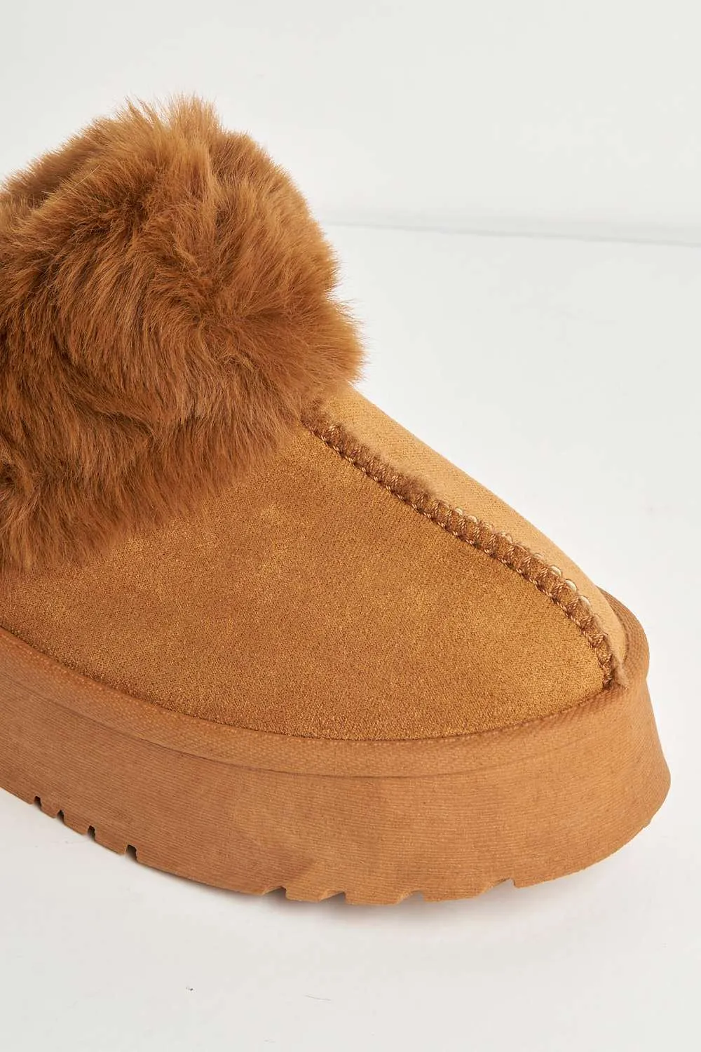 Ursella Faux Fur Lining Flatform Slippers in Camel