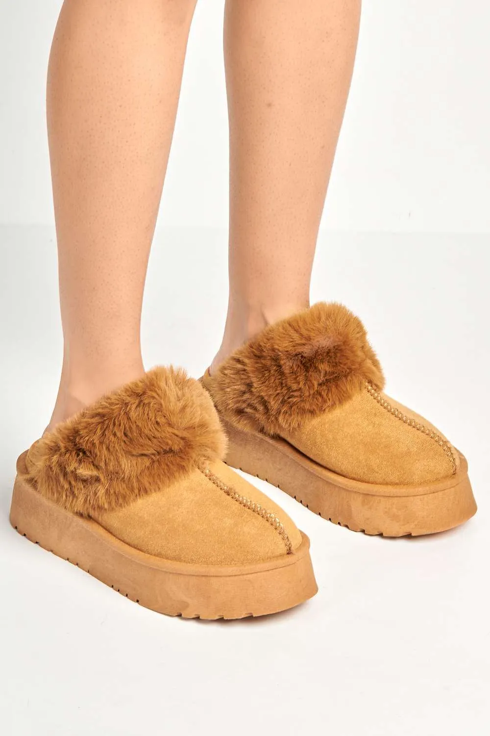 Ursella Faux Fur Lining Flatform Slippers in Camel