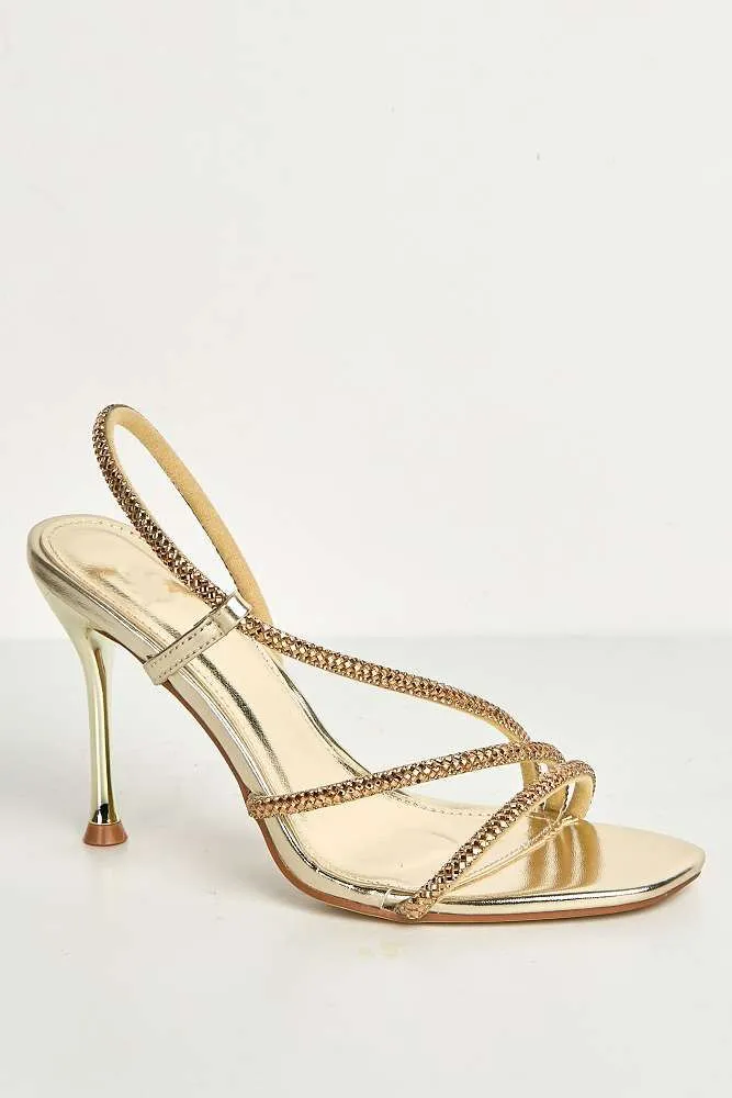 Val 3 Diamante Band Stiletto Heeled Sandals in Gold