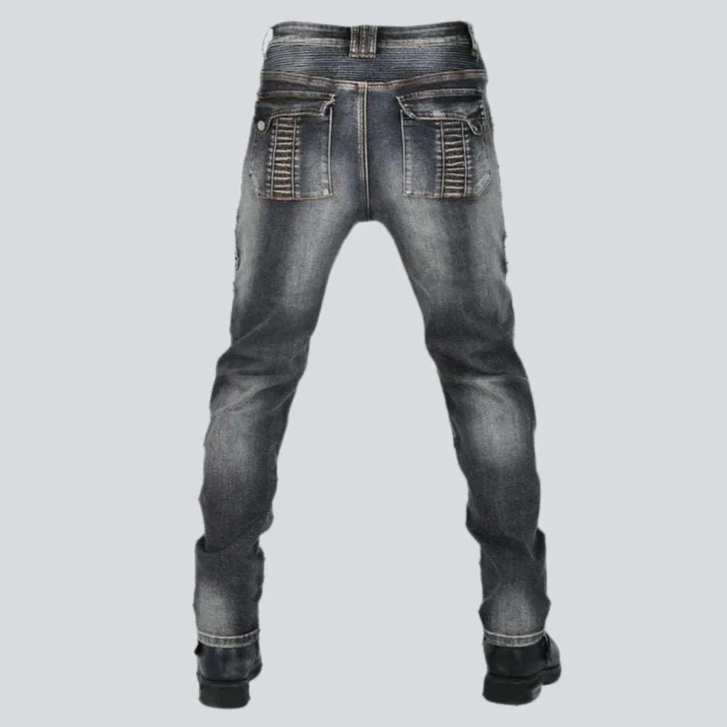 Whiskered men's biker jeans