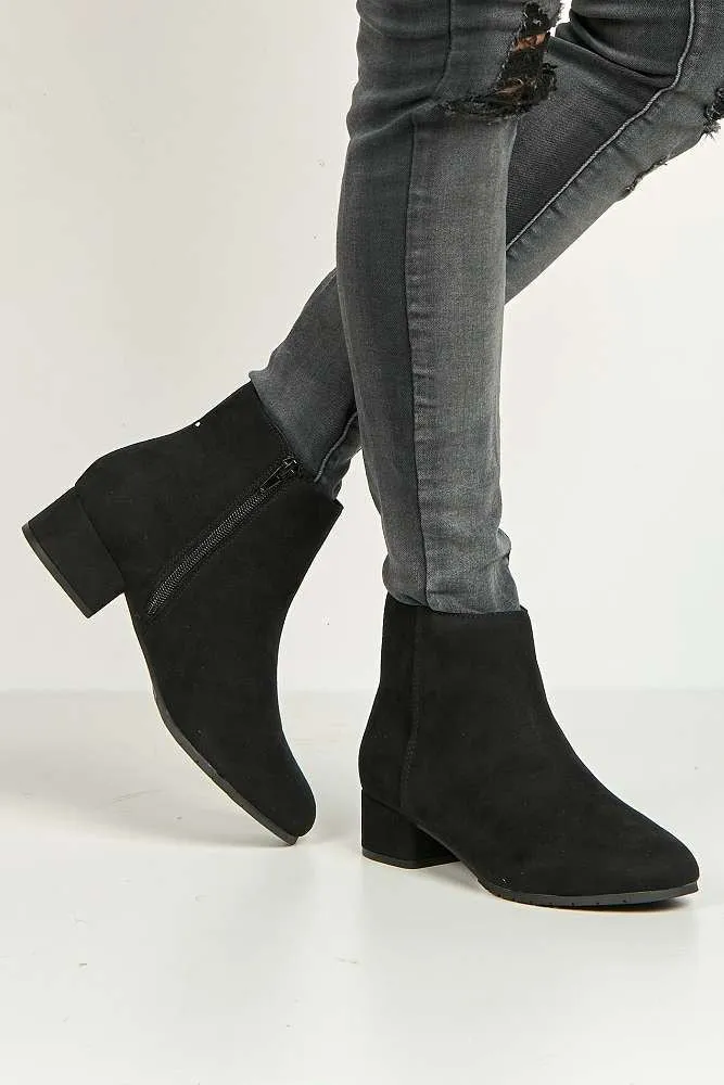 Wila Round Toe Low Block Heel Ankle Boots in Black Suede