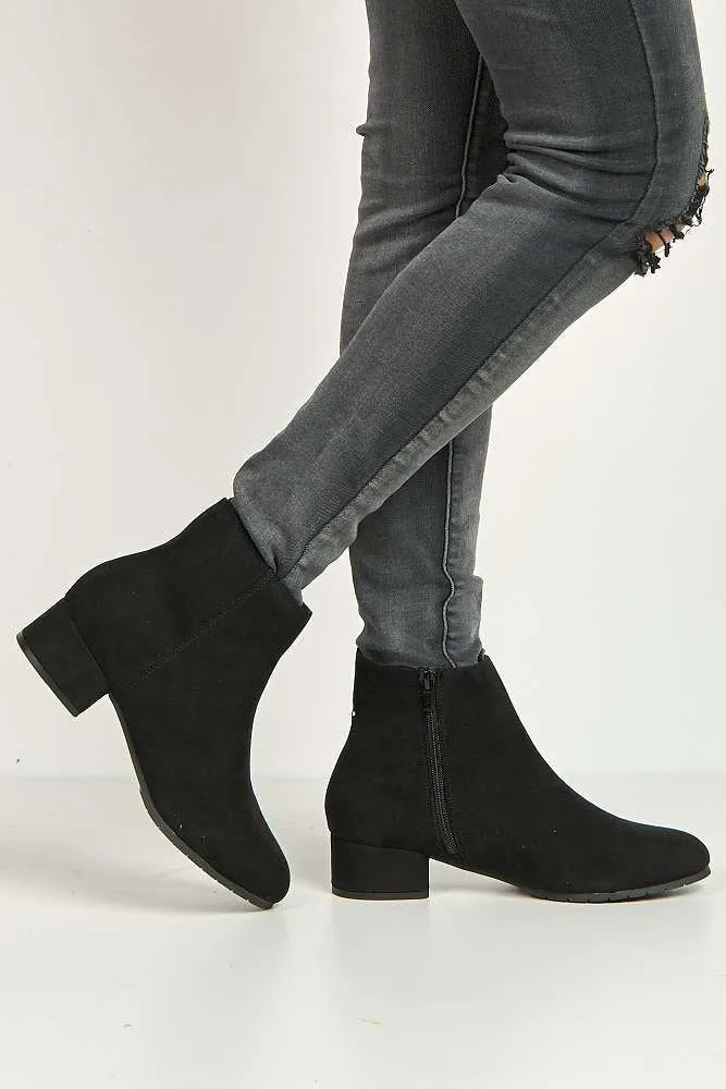 Wila Round Toe Low Block Heel Ankle Boots in Black Suede