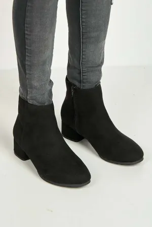 Wila Round Toe Low Block Heel Ankle Boots in Black Suede