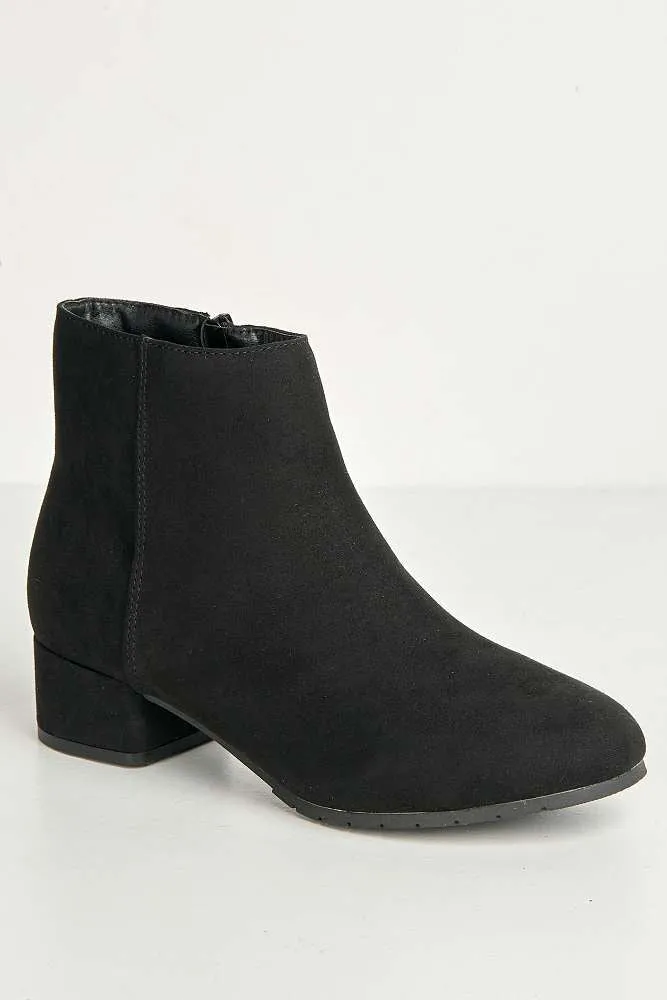 Wila Round Toe Low Block Heel Ankle Boots in Black Suede