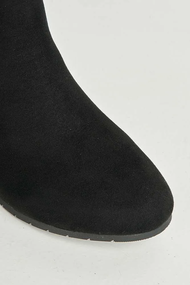 Wila Round Toe Low Block Heel Ankle Boots in Black Suede