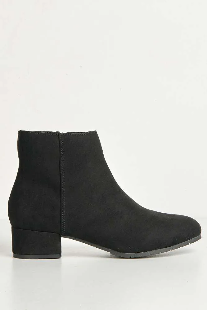 Wila Round Toe Low Block Heel Ankle Boots in Black Suede