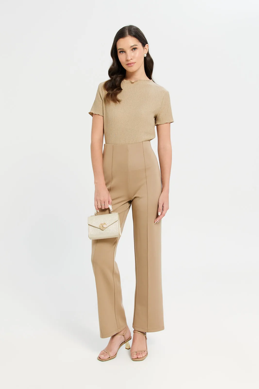 Women Beige Crinkled Top