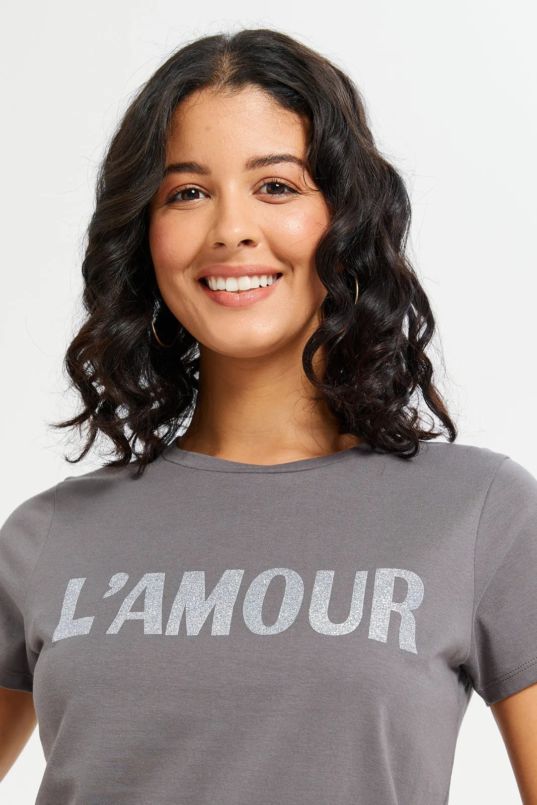 Women Grey Love Embossed T-Shirt