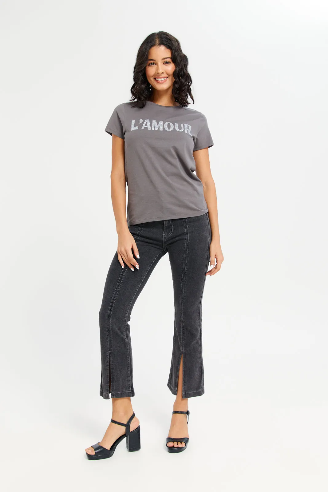 Women Grey Love Embossed T-Shirt